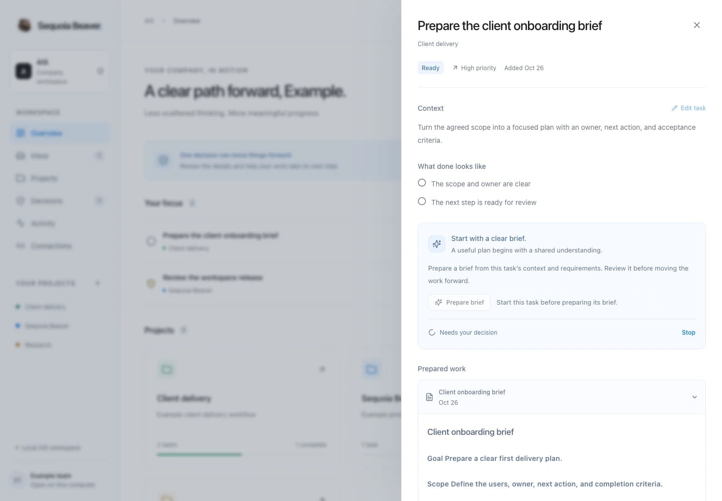 The actual Sequoia Beaver task panel showing context, acceptance criteria, and a prepared brief, using example records