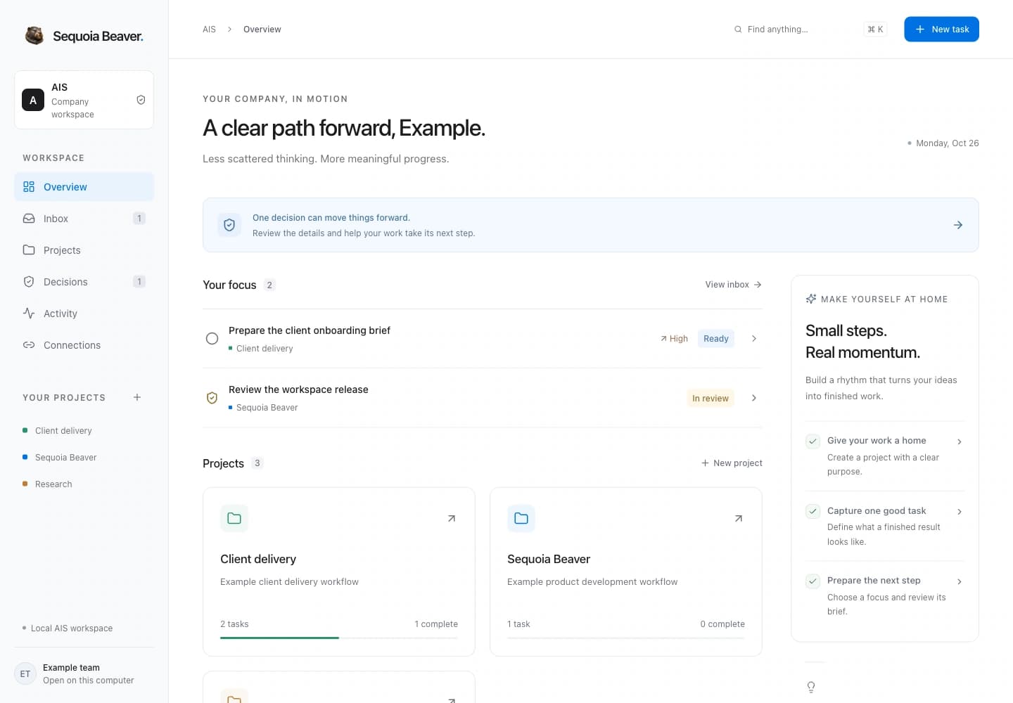 Sequoia Beaver’s actual overview interface showing example projects, focused tasks, and a decision awaiting review