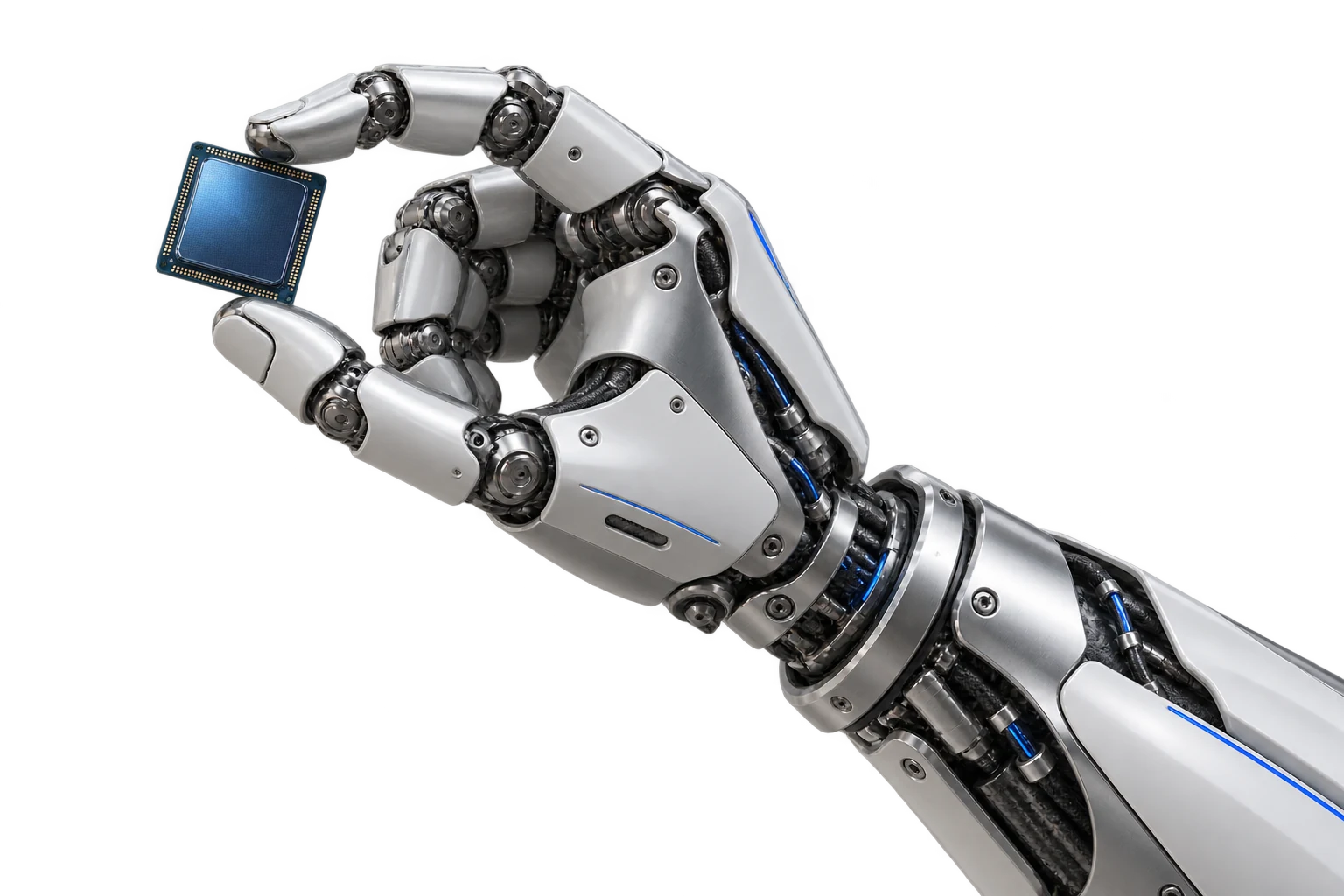 Silver robotic hand holding a processor, an illustrative hardware study